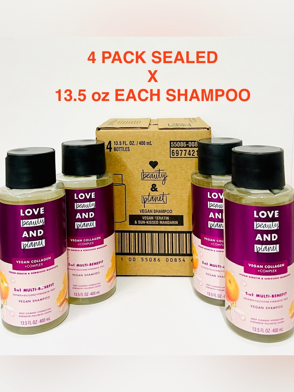 Love Beauty & Planet Shampoo Vegan 5 In 1 Keratin & Sun-kissed Mandarin 13.5ozX4